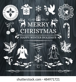 Christmas decorations, snowflake badges, holiday frames, labels and stickers with text, horizontal dividers and borders, holly ornaments, xmas stamps, icons and other winter seasonal design elements.