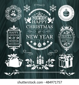 Christmas decorations, snowflake badges, holiday frames, labels and stickers with text, horizontal dividers and borders, holly ornaments, xmas stamps, icons and other winter seasonal design elements.