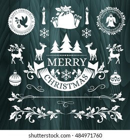 Christmas decorations, snowflake badges, holiday frames, labels and stickers with text, horizontal dividers and borders, holly ornaments, xmas stamps, icons and other winter seasonal design elements.