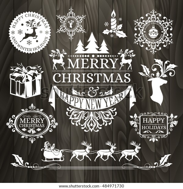Christmas decorations, snowflake badges,\
holiday frames, labels and stickers with text, horizontal dividers\
and borders, holly ornaments, xmas stamps, icons and other winter\
seasonal design\
elements.