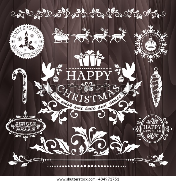 Christmas decorations, snowflake badges,\
holiday frames, labels and stickers with text, horizontal dividers\
and borders, holly ornaments, xmas stamps, icons and other winter\
seasonal design\
elements.
