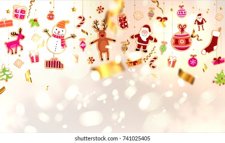 Christmas Decorations and Snowflakes Blurred White Silver Background | New Year vector illustration