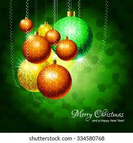 Christmas decorations and snowflakes on abstract shiny winter green background.