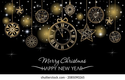 Christmas decorations, snowflakes and stars on black background. Gold clock and Christmas balls. New Year greeting card or invitation. Merry Christmas and Happy New Year.