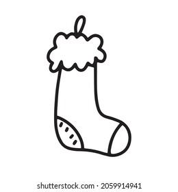 Christmas decorations. Christmas sock on the tree, for greeting cards, holiday backgrounds, ornaments. Vector illustration of various toys, New Year's toys. Doodle set. New Year.