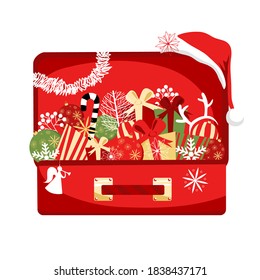 Christmas decorations in a suitcase. vector image of festive balloons and gifts for Christmas