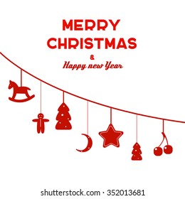 The Christmas decorations suspended on a rope. The red monochrome vector illustration isolated on a white background