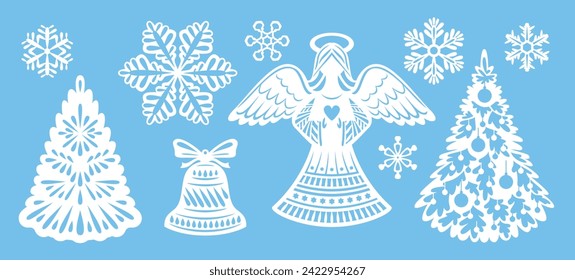 Christmas decorations template for laser cutting. Vector illustration of angel, Christmas tree and snowflakes. Festive decoration set.