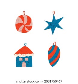 Christmas decorations with textures. Vector hand drawn illustration. Balls, star and house