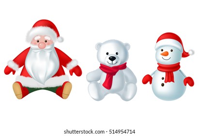 Christmas decorations and toys isolated on white background vector illustration set. Winter Holidays concept. Santa Claus, Snowman, Bear decor.