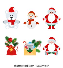 Christmas decorations and toys isolated on white background vector illustration set. Winter Holidays concept. Santa Claus, Snowman, Bear, bag, greeting envelope with decor.