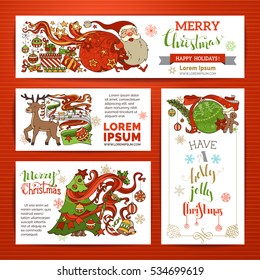 Christmas decorations, Christmas tree and baubles, Santa with sack, gifts, deer with music notes, gingerbread man, candy cane, stars, hand-written lettering.
