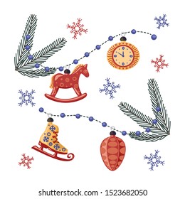 Christmas decorations for the Christmas tree: horse, watch, skates, fir cone, beads. Red and blue snowflakes, spruce branches.