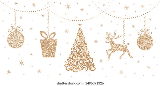 Christmas decorations: Christmas tree, reindeer, gift, Christmas balls. Isolated objects on a white background. Golden images for your decor and design. New Year. Celebration. Snowflakes. Vector.