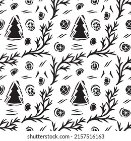 Christmas decorations, Christmas tree and snowflakes. Hand printed seamless vector pattern in linocut style. Festive Abstract design for wrapping paper, fabric, postcards. White and black colors