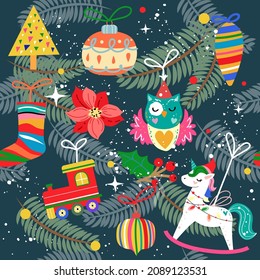 Christmas decorations for the tree and xmas elements in vintage style seamless pattern for children. Vector illustration with unicorn, owl, socks