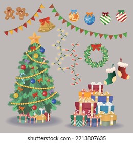 Christmas decorations with Christmas trees, gift piles, bunting, hangings and more
