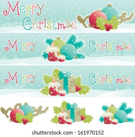 Christmas decorations. Vector banners and set of christmas decorations on winter snow landscape