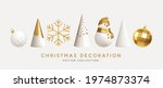 Christmas decorations vector collection. Set of realistic 3d white gold trendy decorations for christmas design isolated on white background. Christmas tree, snowman, snowflake. Vector illustration