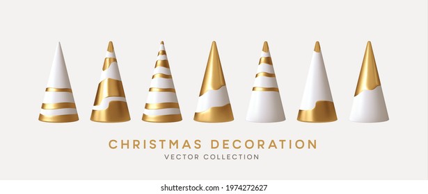 Christmas decorations vector collection. Set of realistic 3d white gold trendy decorations for christmas design isolated on white background. Christmas trees. Vector illustration EPS10