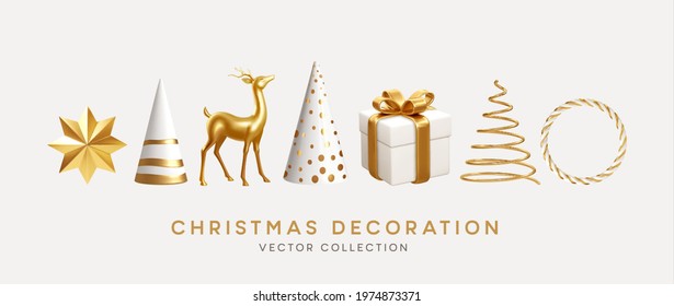 Christmas decorations vector collection. Set of realistic 3d white gold trending ornaments for christmas design isolated on white background. Christmas tree, star, deer, frame. Vector illustration 