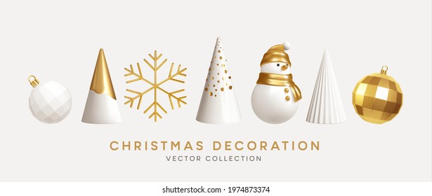Christmas decorations vector collection. Set of realistic 3d white gold trendy decorations for christmas design isolated on white background. Christmas tree, snowman, snowflake. Vector illustration