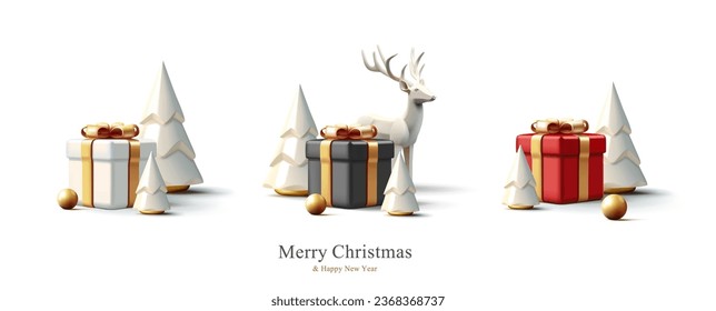 Christmas decorations vector collection. Set of realistic 3d white gold trending statuettes for christmas design isolated on white background. Christmas tree, deer, gift box.