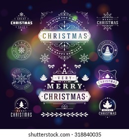 Christmas Decorations Vector Design Elements. Typographic elements, Symbols, Icons, Vintage Labels, Badges, Ornaments and Ribbon, set. Flourishes calligraphic. Merry Christmas Happy Holidays wishes.