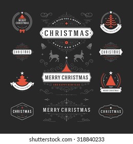 Christmas Decorations Vector Design Elements. Typographic elements, Symbols, Icons, Vintage Labels, Badges, Ornaments and Ribbon, set. Flourishes calligraphic. Merry Christmas Happy Holidays wishes.