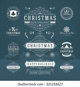 Christmas Decorations Vector Design Elements. Typographic elements, Symbols, Icons, Vintage Labels, Badges, Frames, Ornaments set. Flourishes calligraphic. Merry Christmas and Happy Holidays wishes.