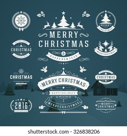 Christmas Decorations Vector Design Elements. Typographic elements, Symbols, Icons, Vintage Labels, Badges, Frames, Ornaments set. Flourishes calligraphic. Merry Christmas and Happy Holidays wishes.