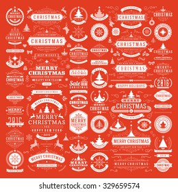 Christmas decorations vector design elements. Typographic messages, tree, deer, snowflake, vintage labels, frames ribbons, badges, logos, ornaments set. Flourishes calligraphic. Big Collection.