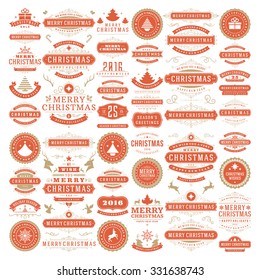 Christmas decorations vector design elements. Typographic messages, tree, deer, snowflake, vintage labels, frames ribbons, badges, logos, ornaments set. Flourishes calligraphic. Big Collection.