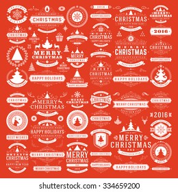 Christmas decorations vector design elements. Typographic messages, tree, deer, snowflake, vintage labels, frames ribbons, badges, logos, ornaments set. Flourishes calligraphic. Big Collection.