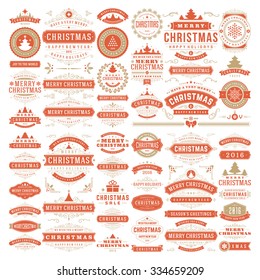 Christmas decorations vector design elements. Typographic messages, tree, deer, snowflake, vintage labels, frames ribbons, badges, logos, ornaments set. Flourishes calligraphic. Big Collection.