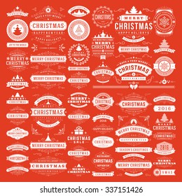 Christmas decorations vector design elements. Typographic messages, tree, deer, snowflake, vintage labels, frames ribbons, badges, logos, ornaments set. Flourishes calligraphic. Big Collection.