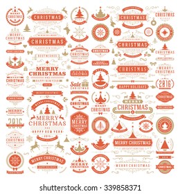 Christmas decorations vector design elements. Typographic messages, vintage labels, frames ribbons, badges logos, ornaments set. Flourishes calligraphic. Big Collection.