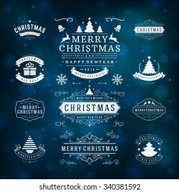 Christmas Decorations Vector Design Elements. Typographic elements, Symbols, Icons, Vintage Labels, Badges, Frames, Ornaments set. Flourishes calligraphic. Merry Christmas and Happy Holidays wishes.