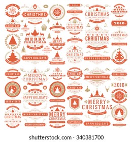 Christmas decorations vector design elements. Typographic messages, tree, deer, snowflake, vintage labels, frames ribbons, badges, logos, ornaments set. Flourishes calligraphic. Big Collection.