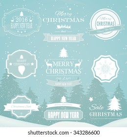 Christmas Decorations Vector Design Elements. Symbols, Icons, Vintage Labels, Badges, Ornaments and Ribbon, Merry Christmas Happy New Year and Happy Holidays wishes