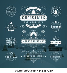 Christmas Decorations Vector Design Elements. Typographic elements, Symbols, Icons, Vintage Labels, Badges, Frames, Ornaments set. Flourishes calligraphic. Merry Christmas and Happy Holidays wishes.