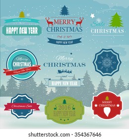 Christmas Decorations Vector Design Elements. Symbols, Icons, Vintage Labels, Badges, Ornaments and Ribbon, Merry Christmas Happy New Year and Happy Holidays wishes. Vector