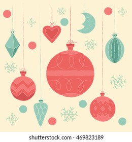 Christmas decorations. Vector illustration, poster, invitation, postcard or background in retro style.
