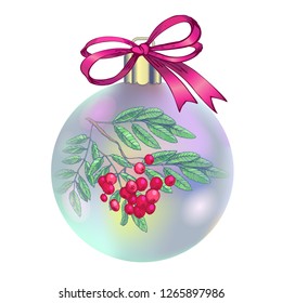 Christmas decorations, vector illustration. Red Christmas ball with row branch, berries and leaves. Fir tree branch isolated over white background.