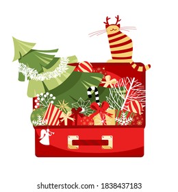 Christmas decorations. vector image of a set of holiday decorations. suitcase with toys for Christmas