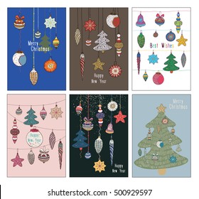 christmas decorations, vector postcards, new year set.
