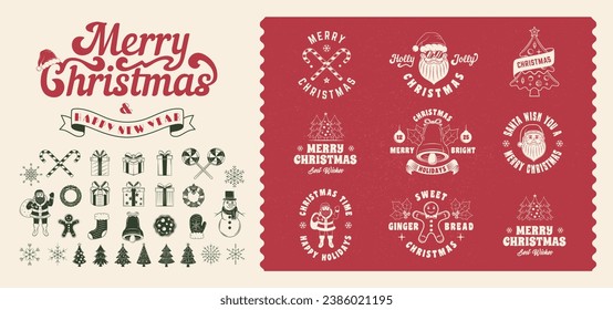 Juego de vectores de decoraciones navideñas. Conjunto de 10 plantillas de logotipo de Navidad y 29 elementos de diseño para emblemas, invitaciones. Impresiones para camisetas, tipografía. Ilustración del vector	