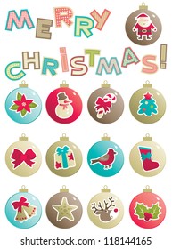 Christmas decorations. Vector set of baubles with christmas decorations and word "Merry christmas!" isolated on white background.