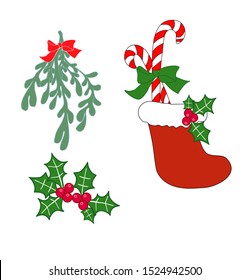 Christmas decorations vector set mistletoe with red ribbon bow, Holly berries, candy sticks, gift stocking isolated winter holidays illustrations
