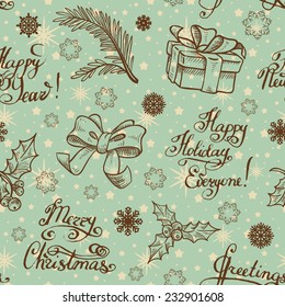 Christmas decorations vintage elements seamless pattern background.  Retro vector background. Hand drawn Christmas seamless pattern